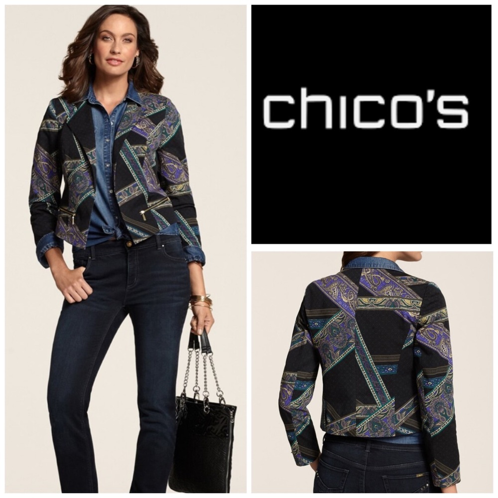 CHICO’S PAISLEY STRIPED LINED MOTO JACKET